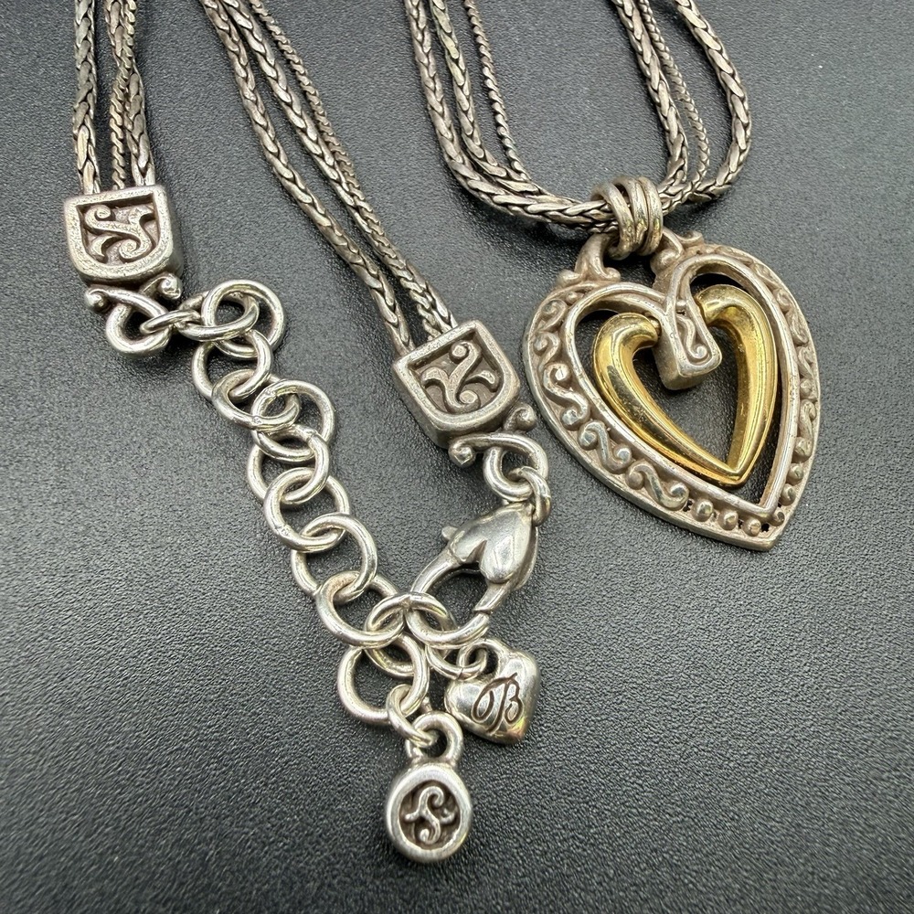 Brighton Ellington Double Heart Pendant Multi Strand 17" Necklace Two Tone